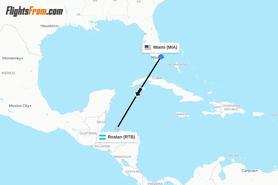 Flights from Miami to Roatan route map