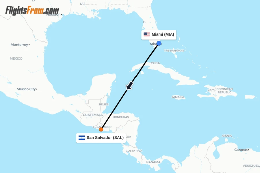 Flights from Miami to San Salvador route map