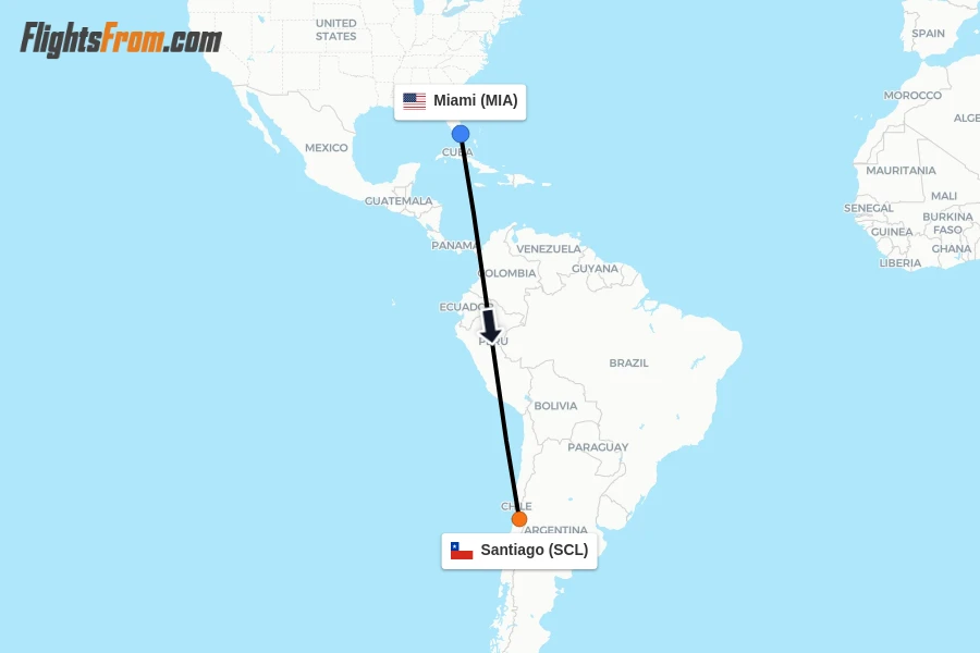 Flights from Miami to Santiago route map