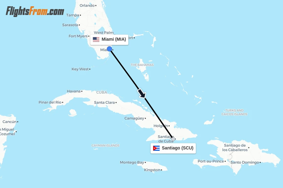Flights from Miami to Santiago route map