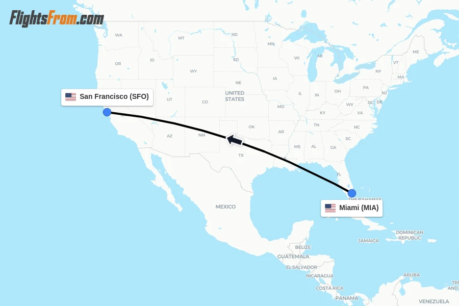 Flights from Miami to San Francisco route map