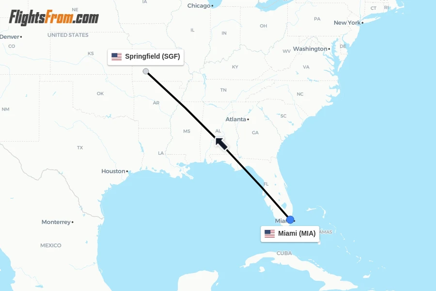 Flights from Miami to Springfield route map