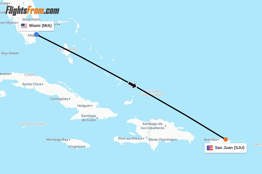 Flights from Miami to San Juan route map