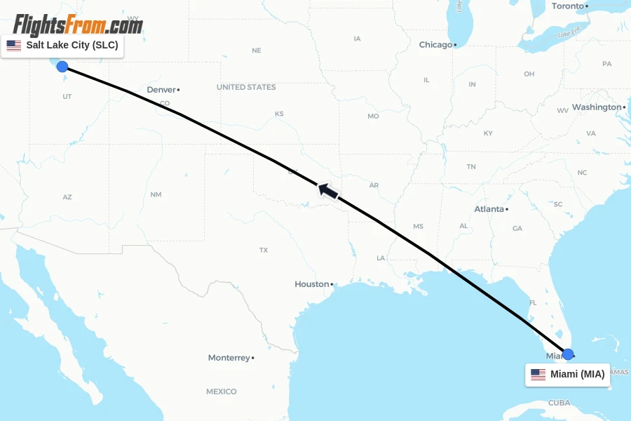 Flights from Miami to Salt Lake City route map