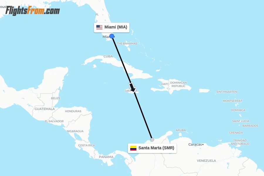 Flights from Miami to Santa Marta route map