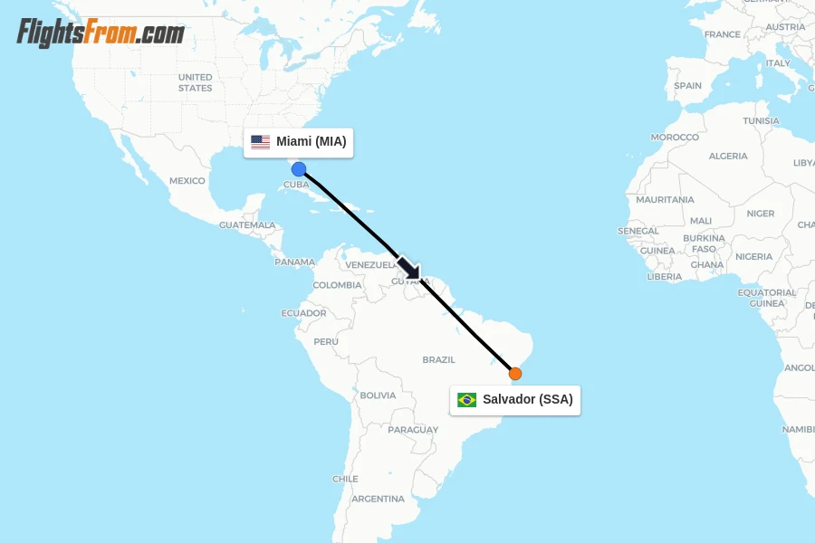 Flights from Miami to Salvador route map