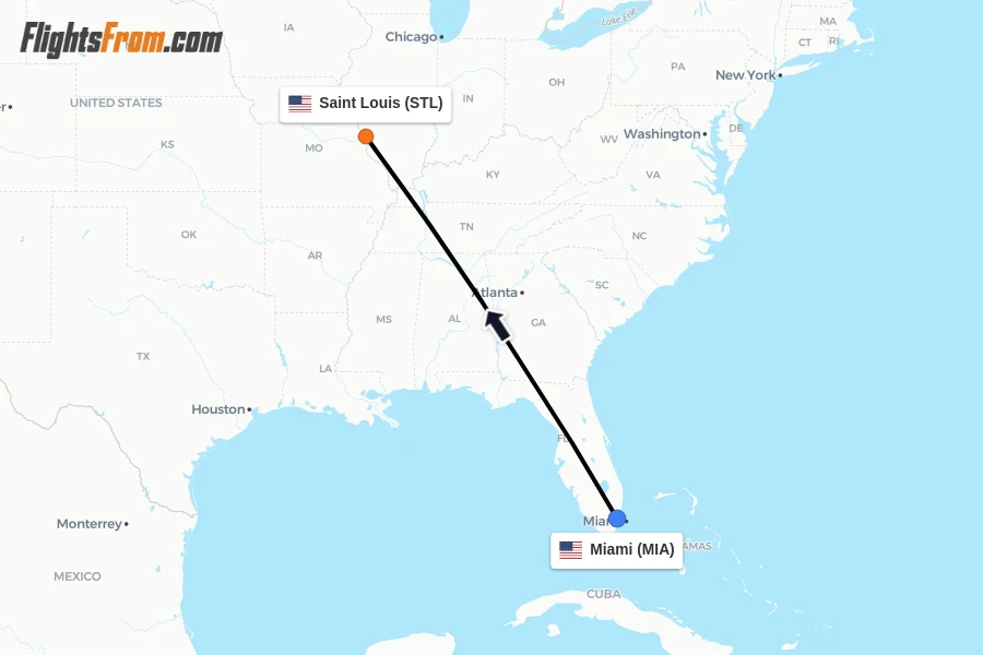 Flights from Miami to Saint Louis route map
