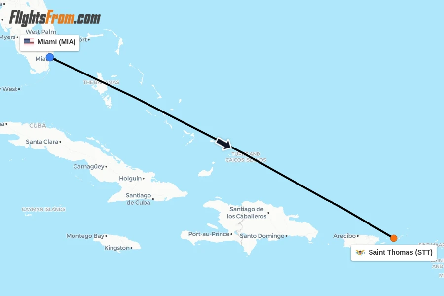 Flights from Miami to Saint Thomas route map