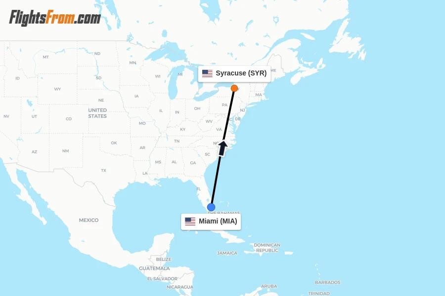Flights from Miami to Syracuse route map