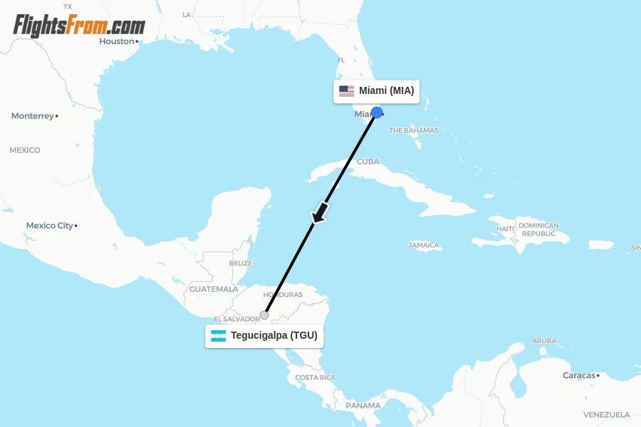 Flights from Miami to Tegucigalpa route map