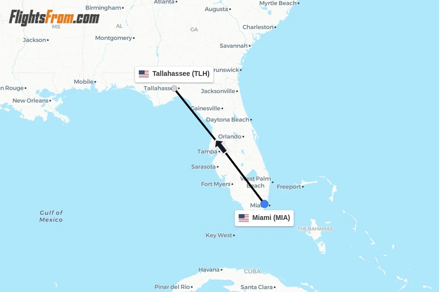 Flights from Miami to Tallahassee route map