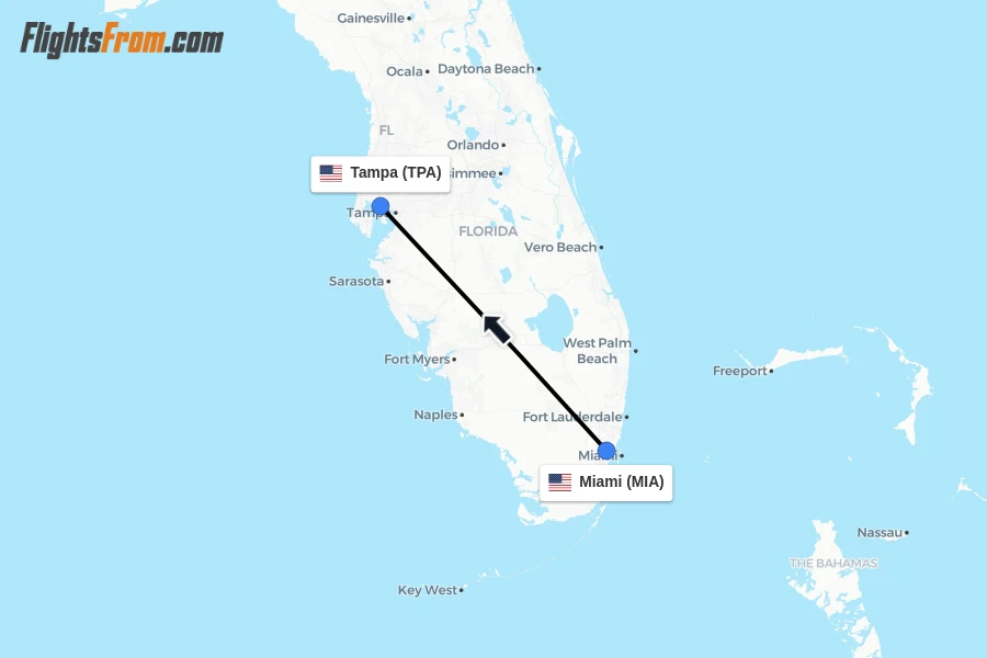 Flights from Miami to Tampa route map