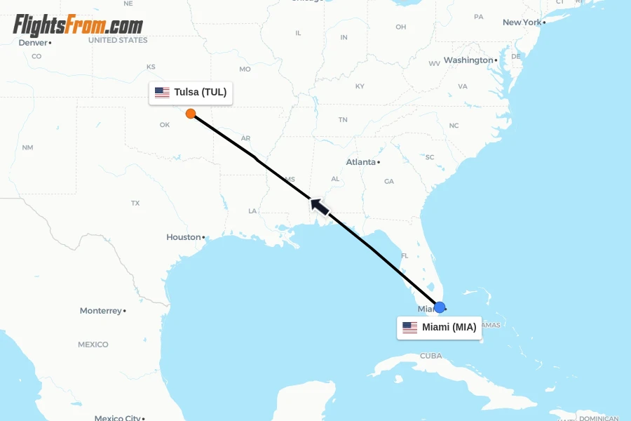 Flights from Miami to Tulsa route map