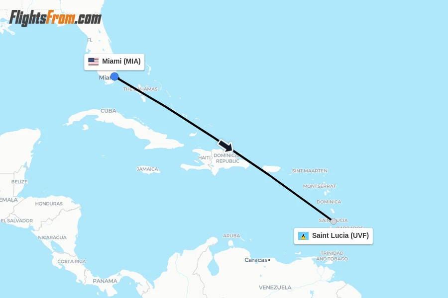 Flights from Miami to Saint Lucia route map