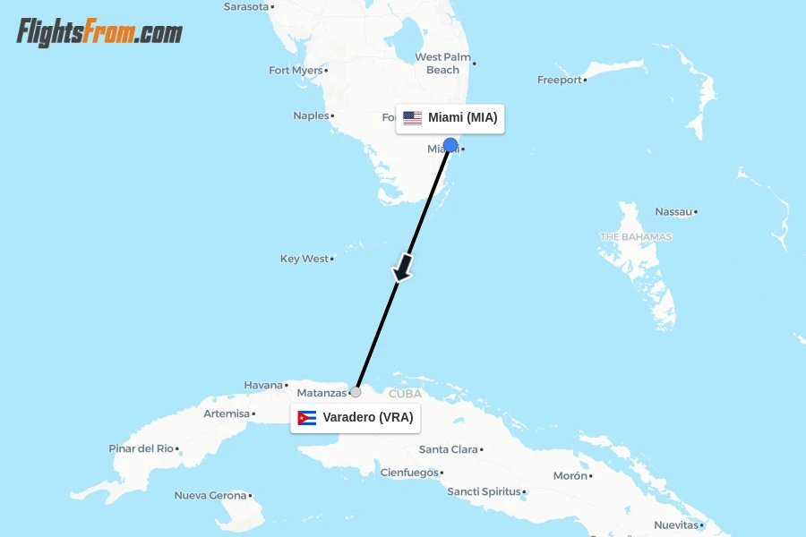 Flights from Miami to Varadero route map