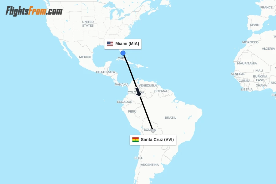 Flights from Miami to Santa Cruz route map