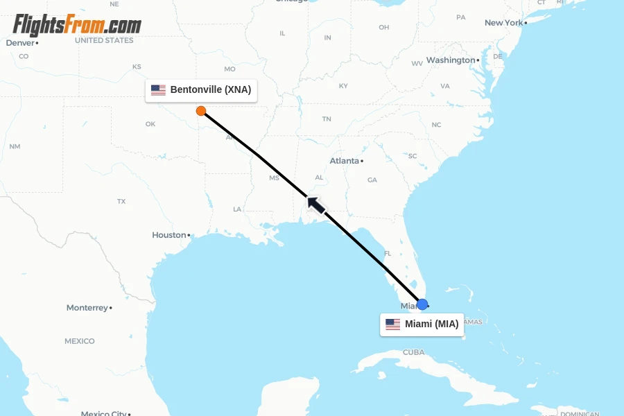 Flights from Miami to Bentonville route map