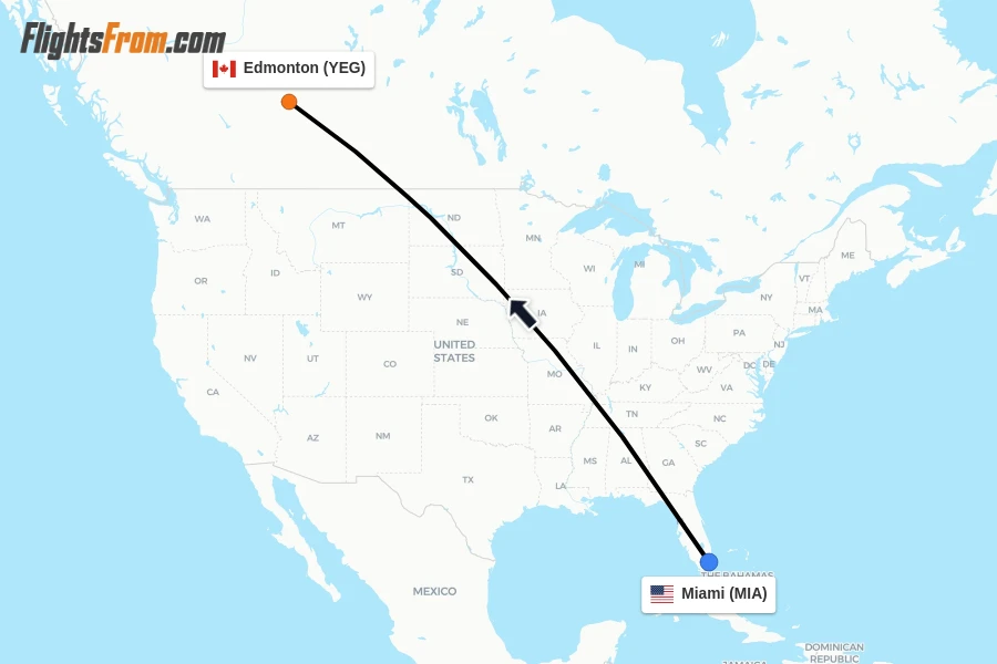 Flights from Miami to Edmonton route map