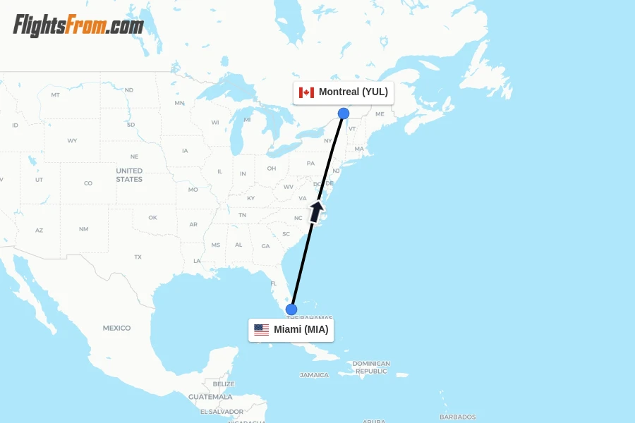Flights from Miami to Montreal route map