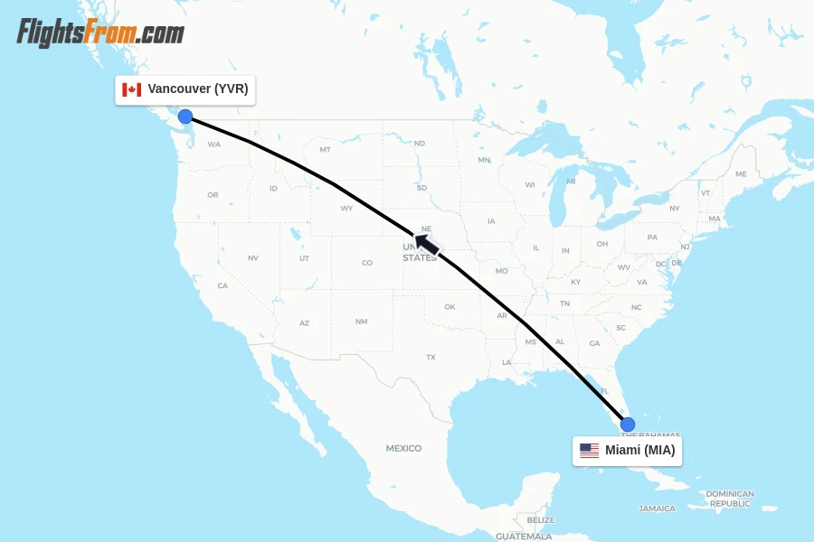 Flights from Miami to Vancouver route map