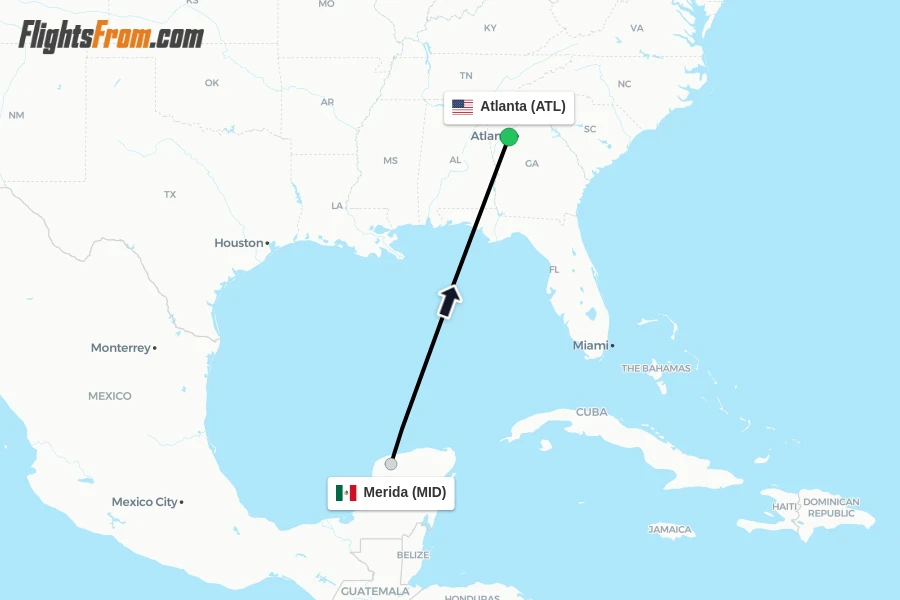 Flights from Merida to Atlanta route map