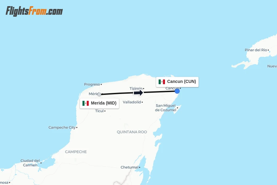 Flights from Merida to Cancun route map