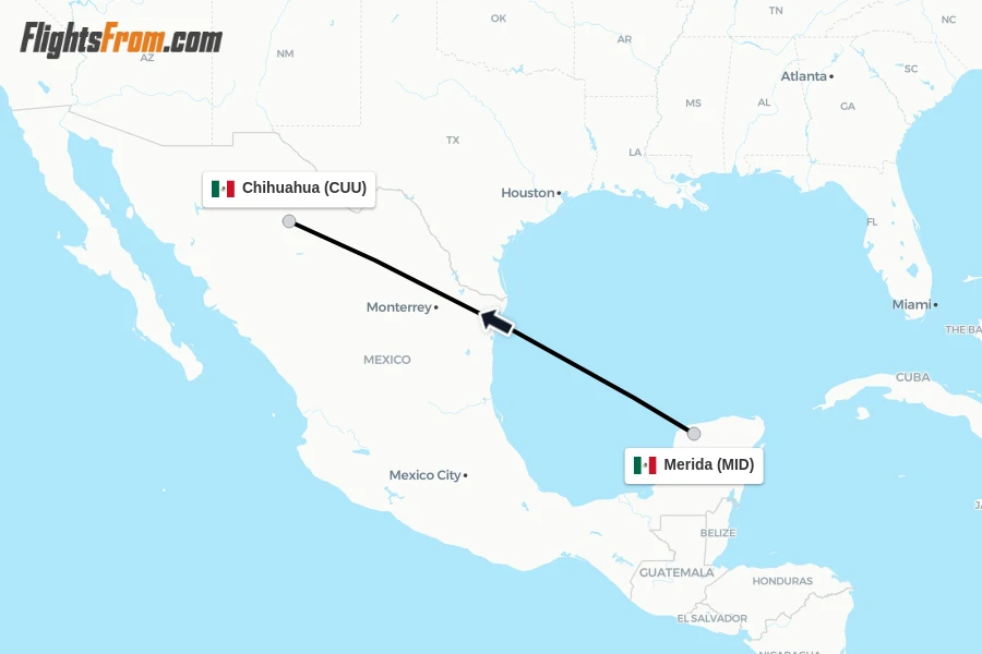 Flights from Merida to Chihuahua route map