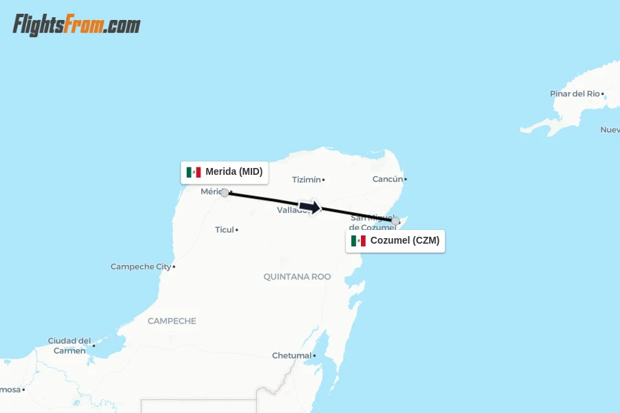 Flights from Merida to Cozumel route map