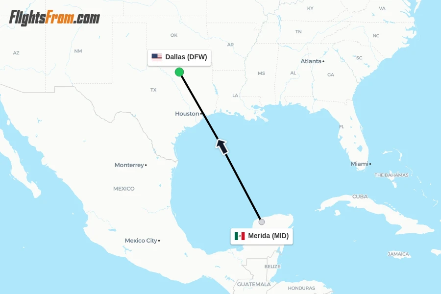 Flights from Merida to Dallas route map