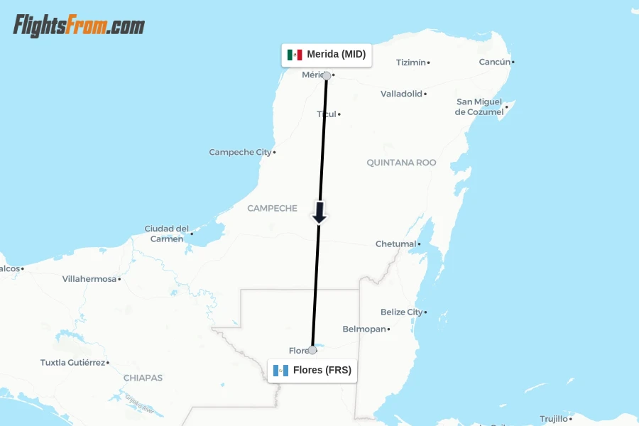 Flights from Merida to Flores route map