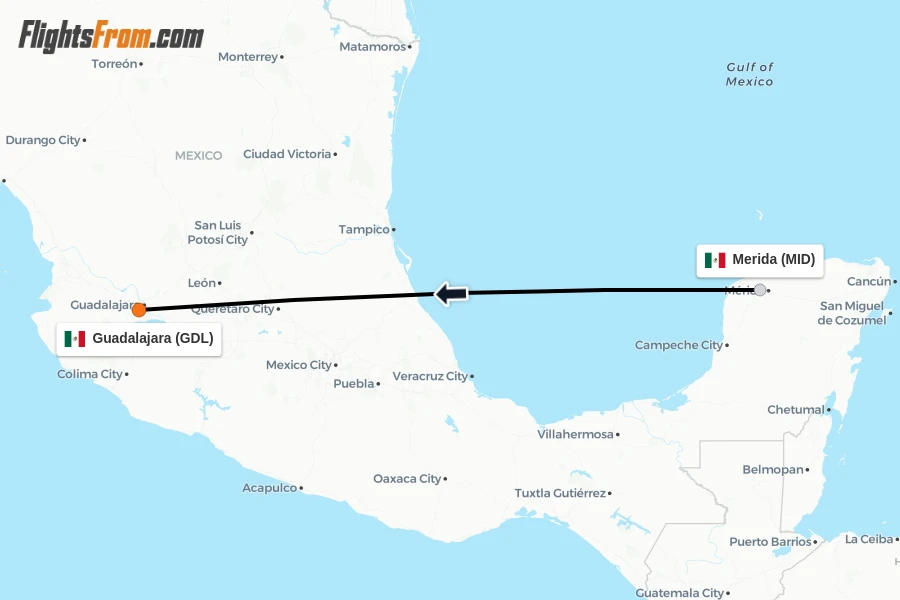 Flights from Merida to Guadalajara route map