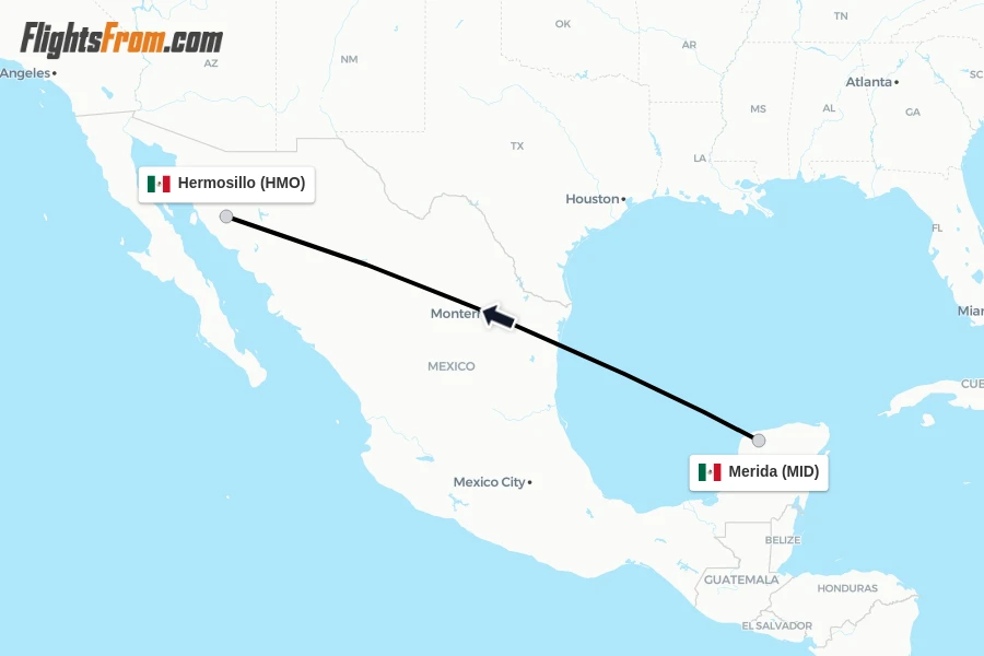 Flights from Merida to Hermosillo route map