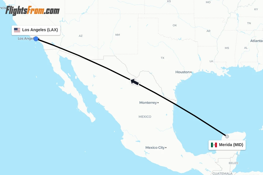 Flights from Merida to Los Angeles route map