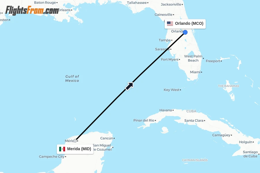 Flights from Merida to Orlando route map