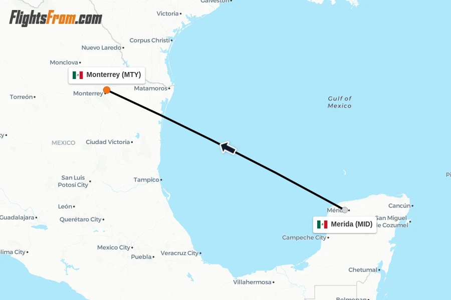 Flights from Merida to Monterrey route map