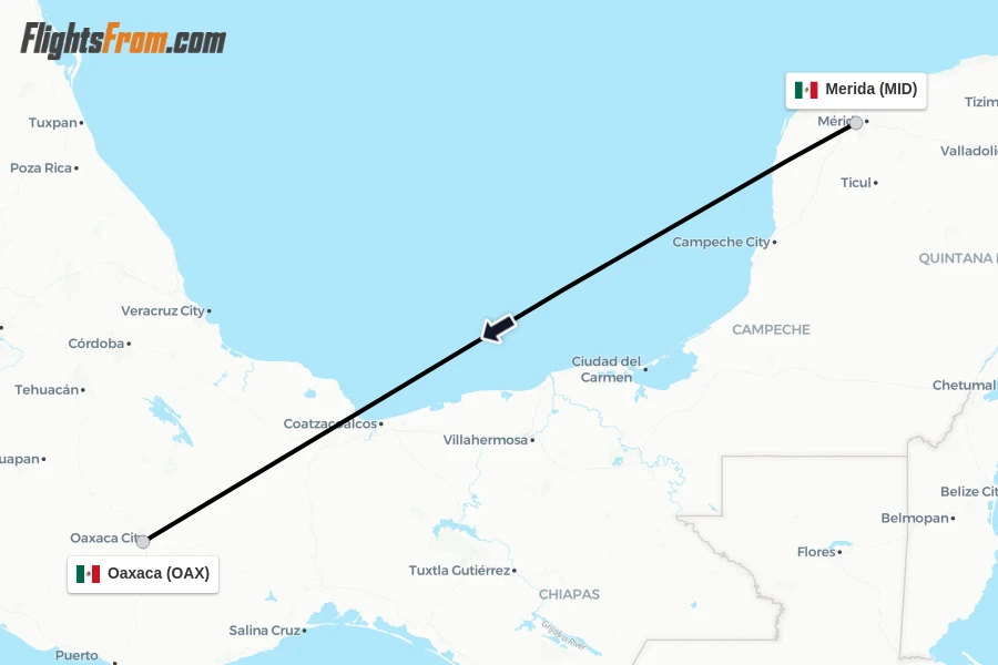 Flights from Merida to Oaxaca route map