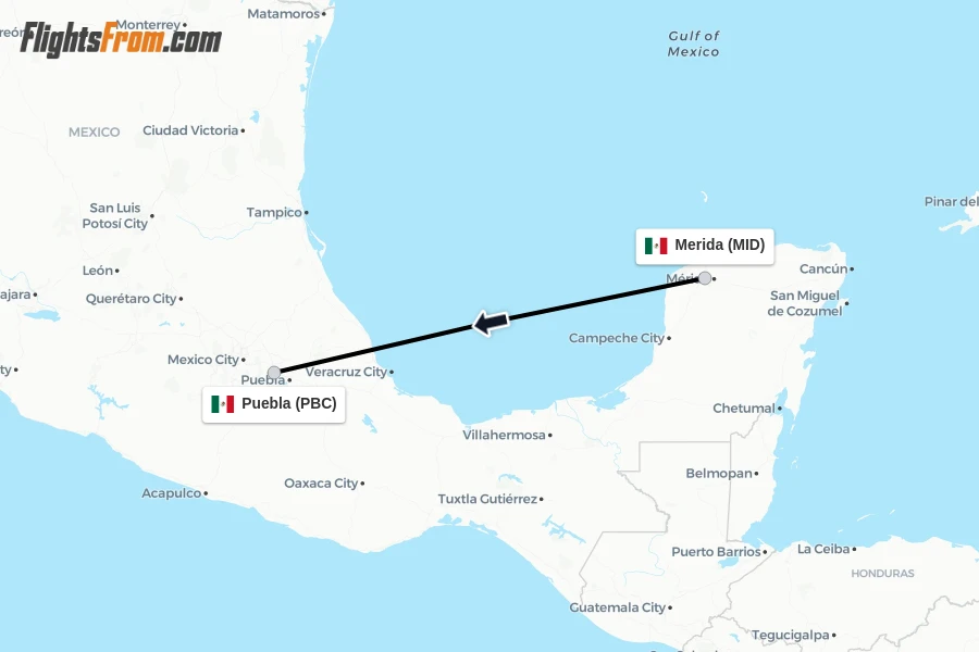 Flights from Merida to Puebla route map