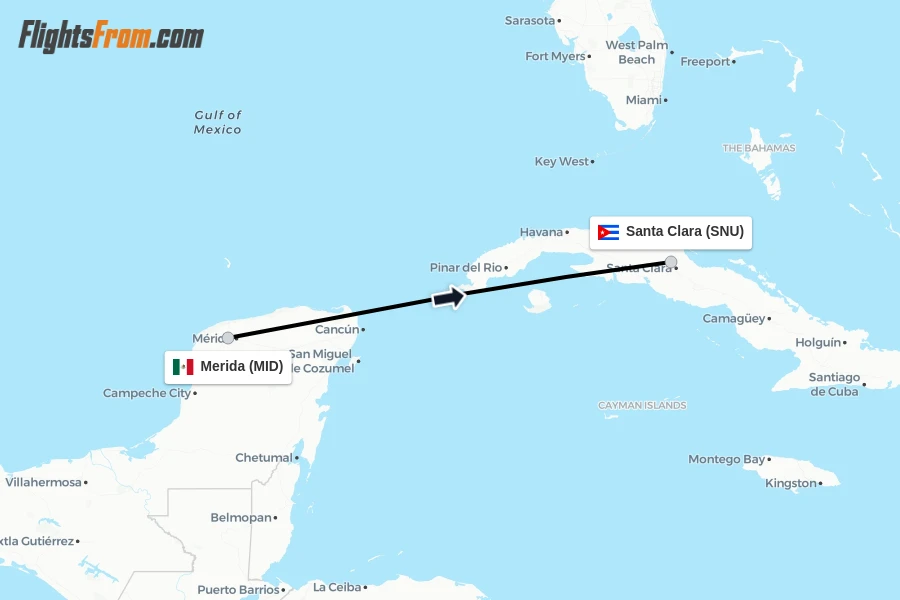 Flights from Merida to Santa Clara route map