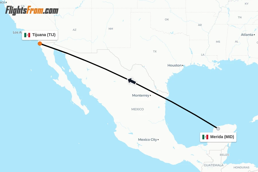 Flights from Merida to Tijuana route map
