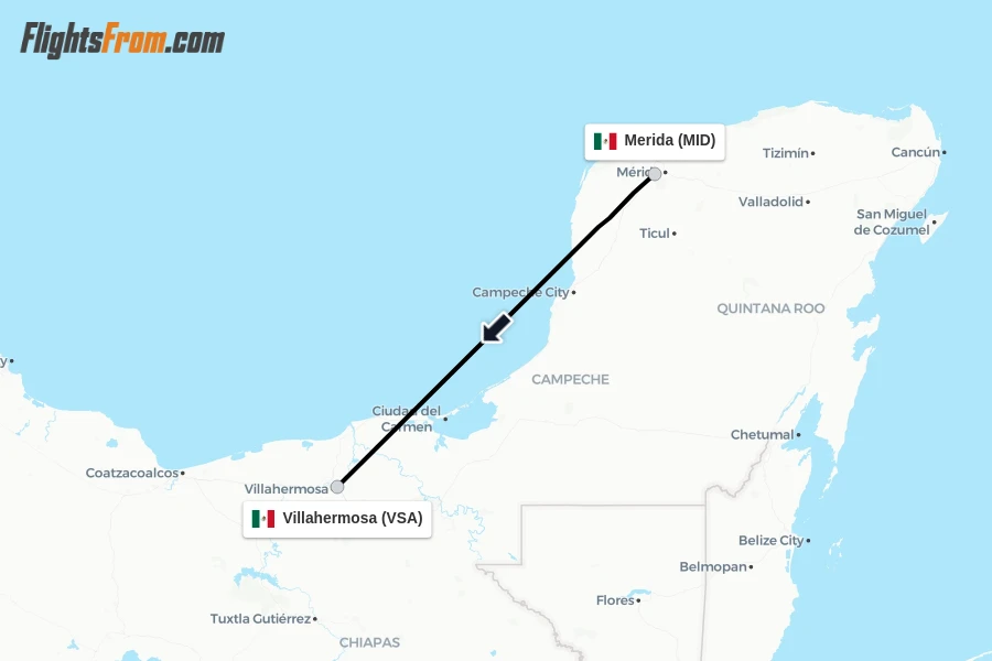 Flights from Merida to Villahermosa route map