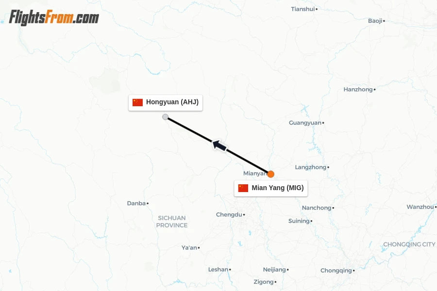 Flights from Mian Yang to Hongyuan route map