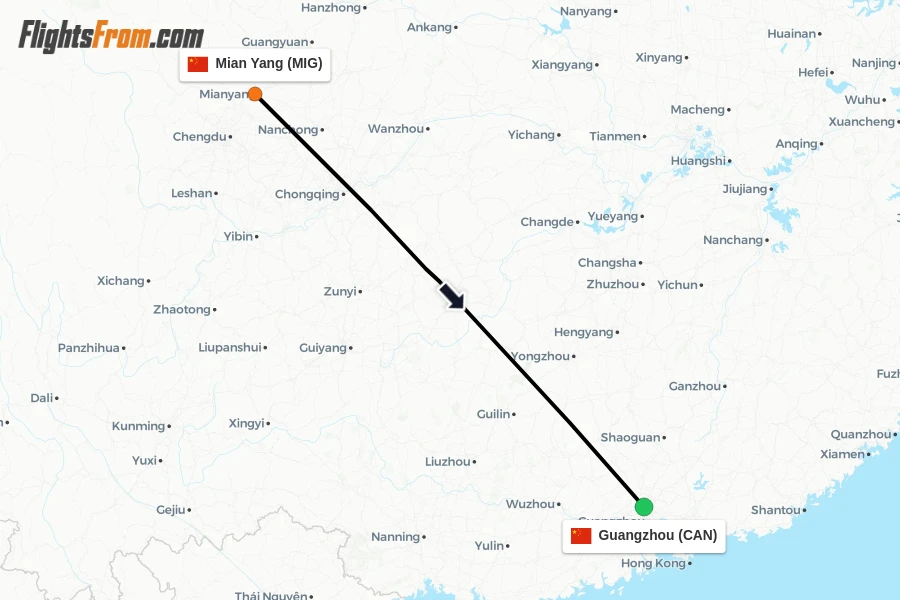 Flights from Mian Yang to Guangzhou route map