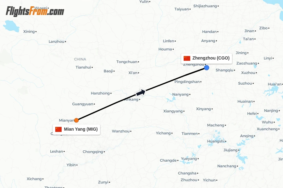 Flights from Mian Yang to Zhengzhou route map