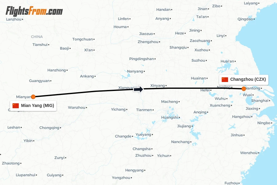 Flights from Mian Yang to Changzhou route map