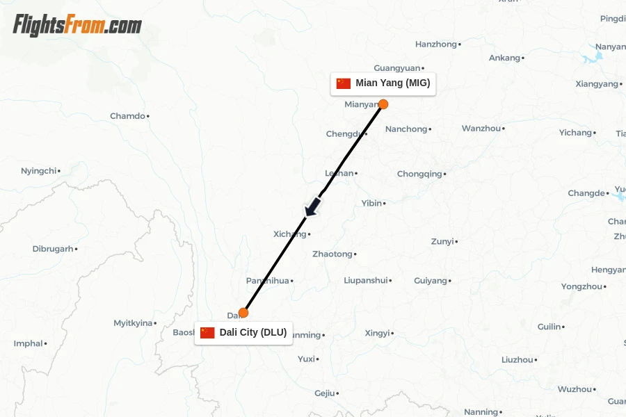 Flights from Mian Yang to Dali City route map