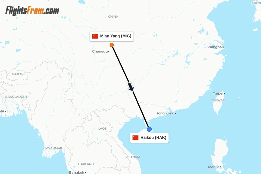 Flights from Mian Yang to Haikou route map