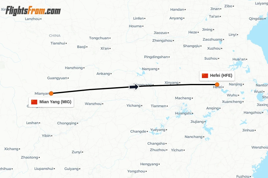 Flights from Mian Yang to Hefei route map