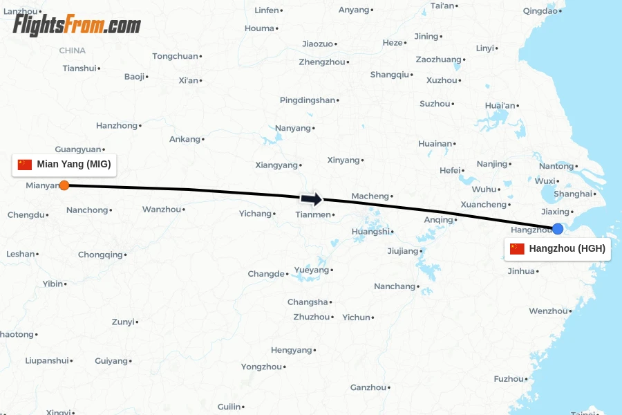 Flights from Mian Yang to Hangzhou route map