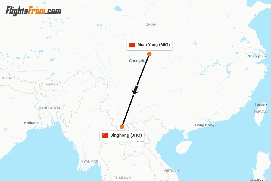Flights from Mian Yang to Jinghong route map