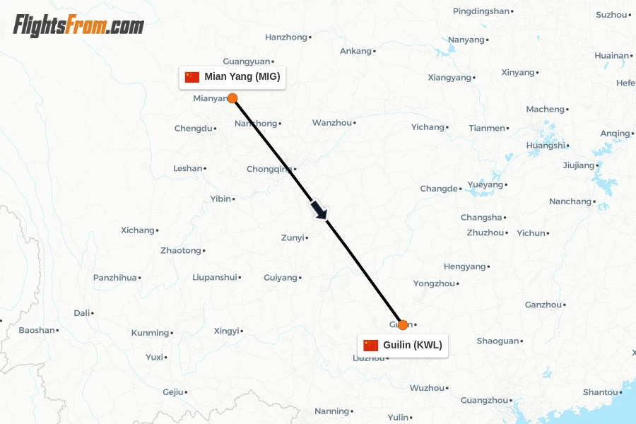 Flights from Mian Yang to Guilin route map